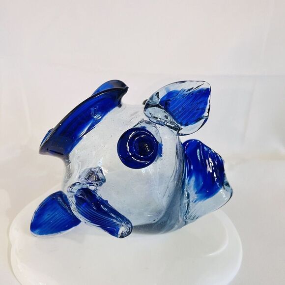 Blue Clear Hand Blown Art Glass Open Mouth Fish Vase Bowl Center Piece BEAUTIFUL - Picture 4 of 10